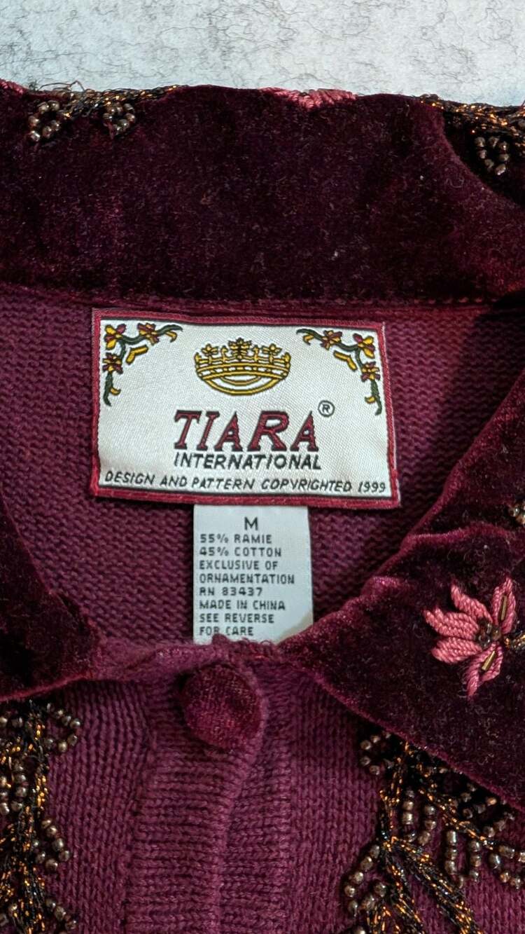 Tiara International Vintage 99 Beaded Embroidered Velvet Collar Cardigan Sweater - Picture 2 of 14